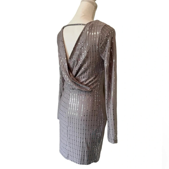 Crystal Sky Gray Metallic Style Long Sleeve Open Back Dress Women’s Small NWT - Picture 9 of 16